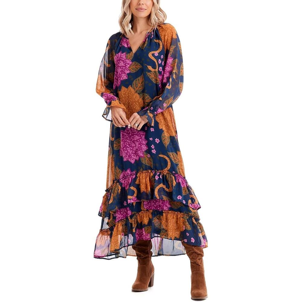 Mud Pie Navy Floral Maxi Dress with Magenta and Mustard Prints